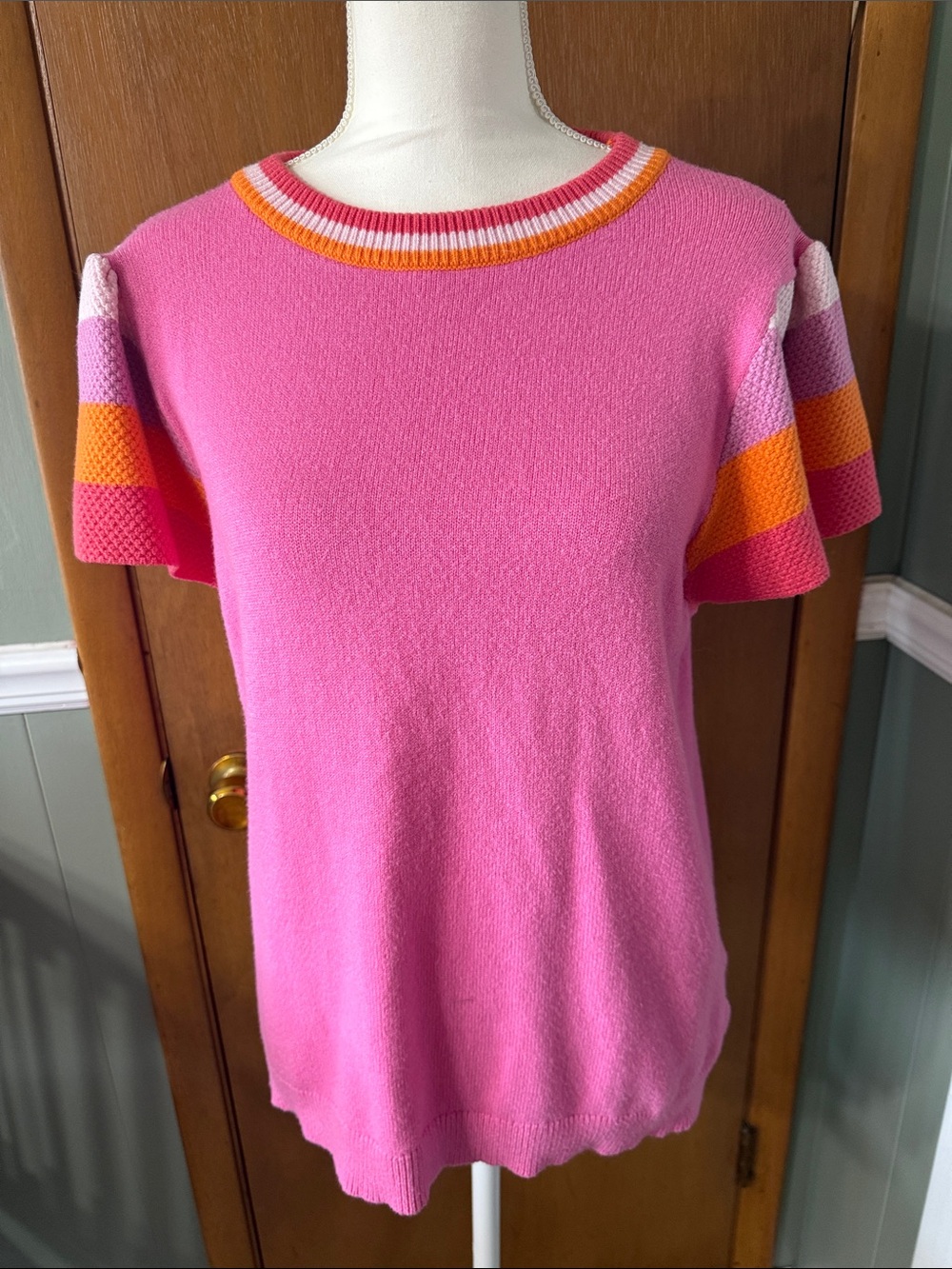 NWOT Bright Pink Short Sleeve Knit Top with Striped Sleeves Size L